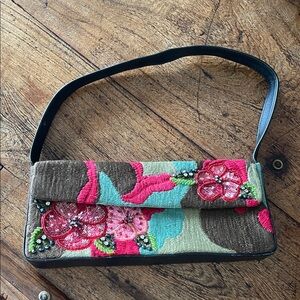 Embroidered Floral Wristlet Clutch in Teal, Pink & Brown